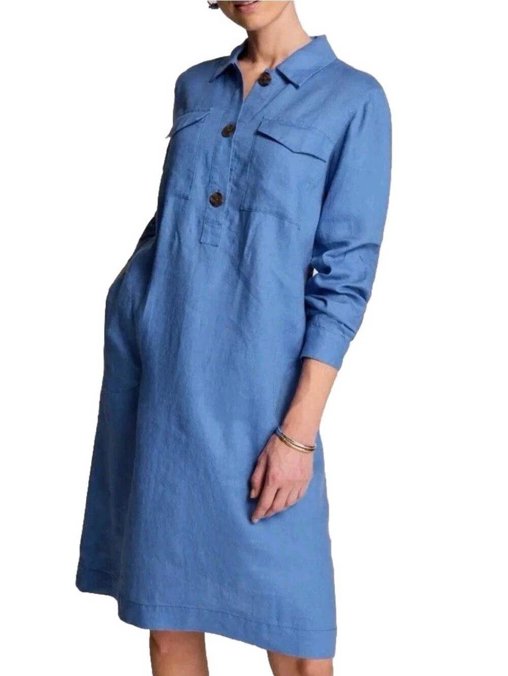 J Jill Popover Shirtdress Linen Pockets Rolled‎ Cuffs BlueGinger Womens Size 2X